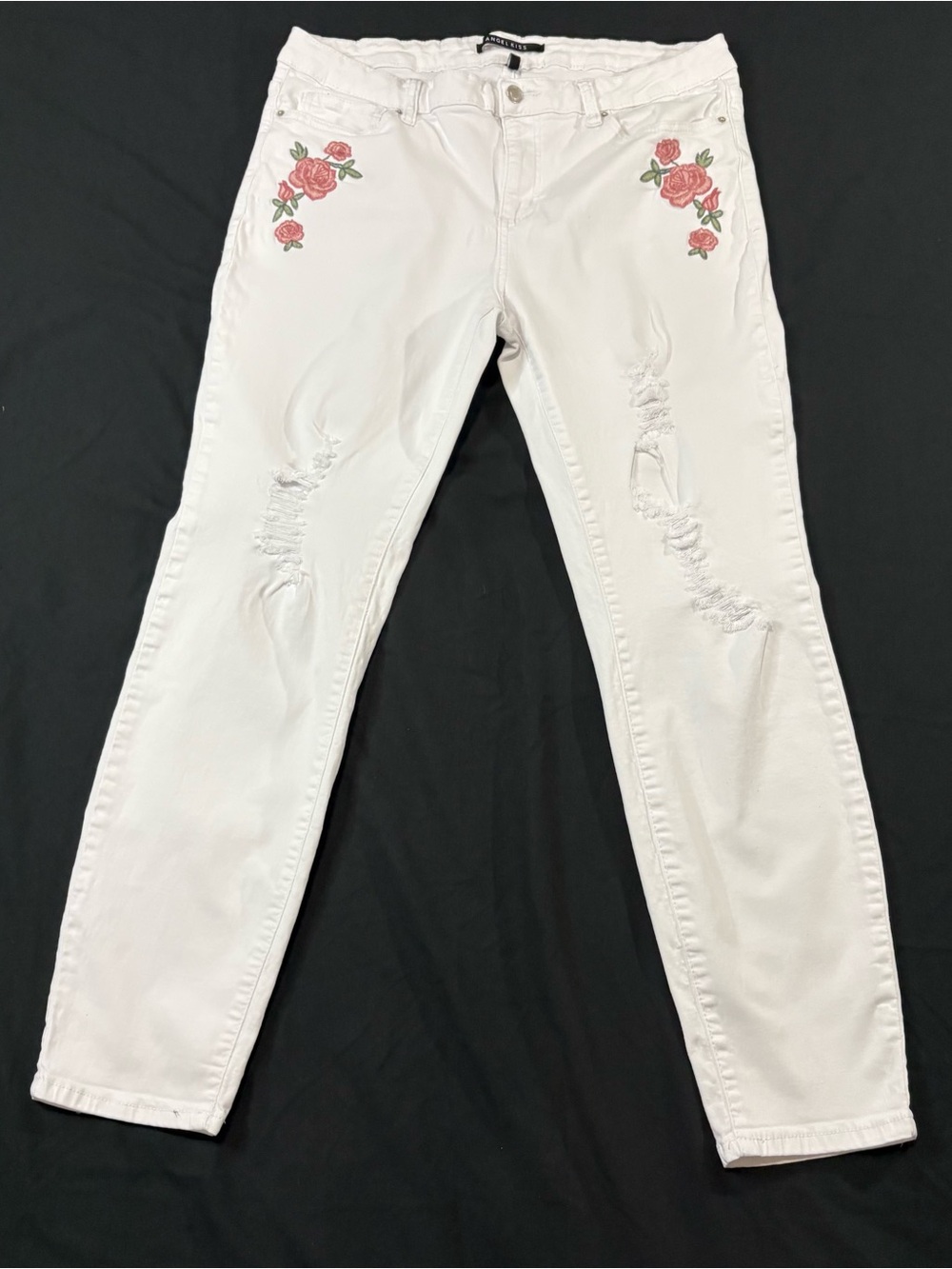 Angel Kiss White Skinny Jeans with Pink Rose Embroidery